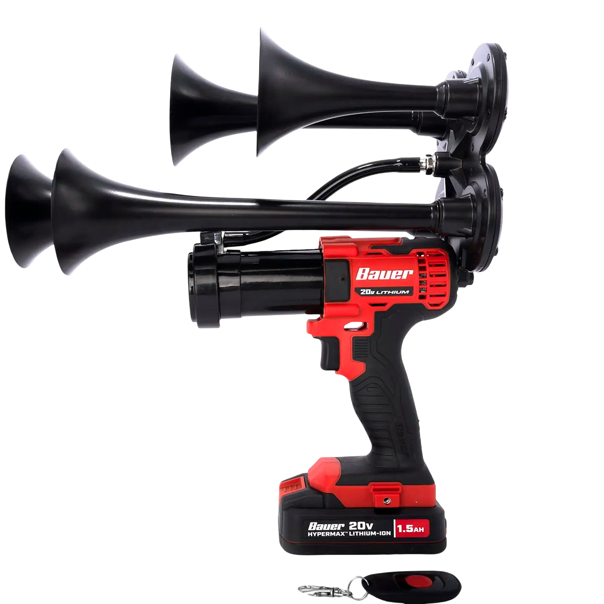 Custom impact-style train air horn designed to work with BAUER 20V batteries