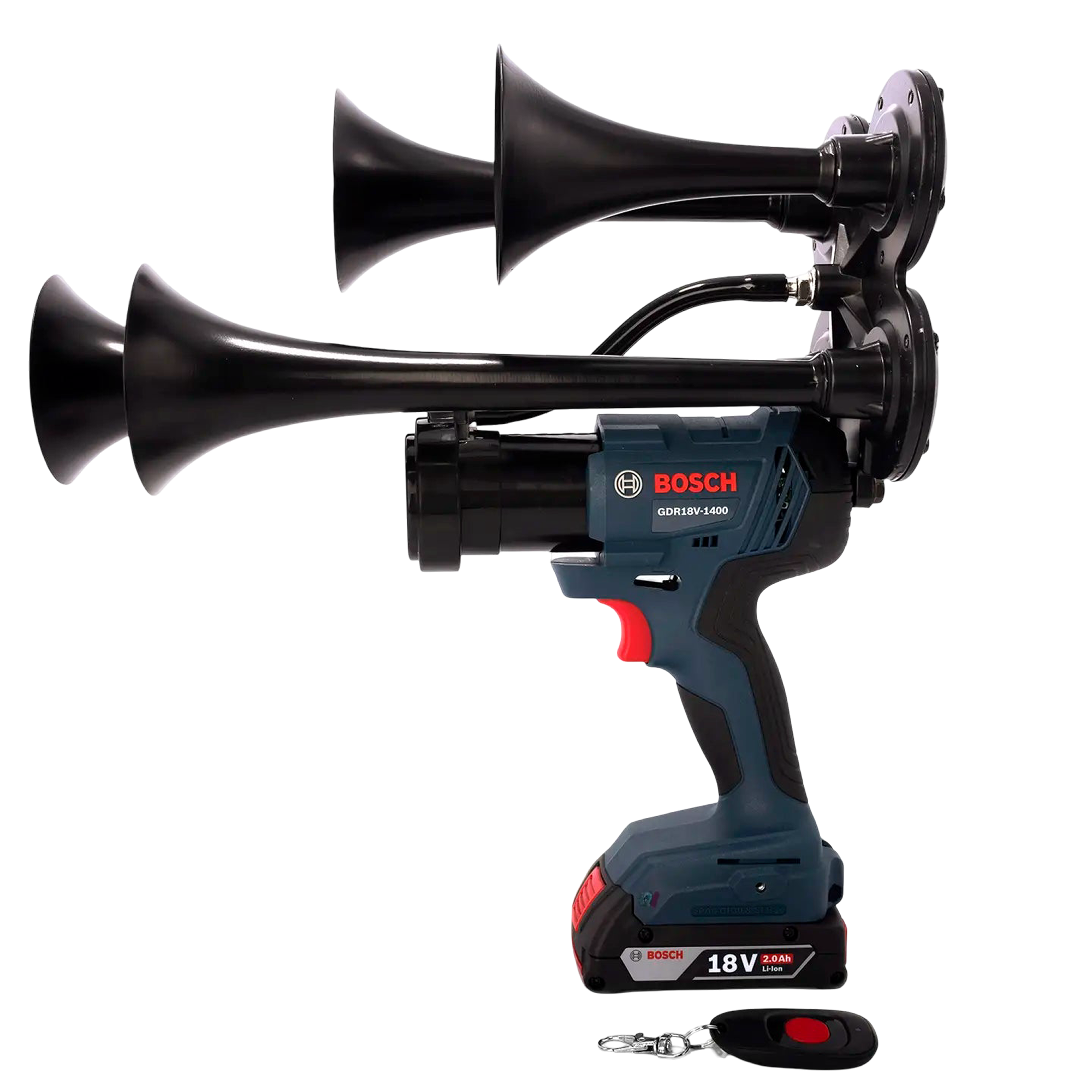 Custom impact-style train air horn built on a Bosch-compatible 18V cordless power tool