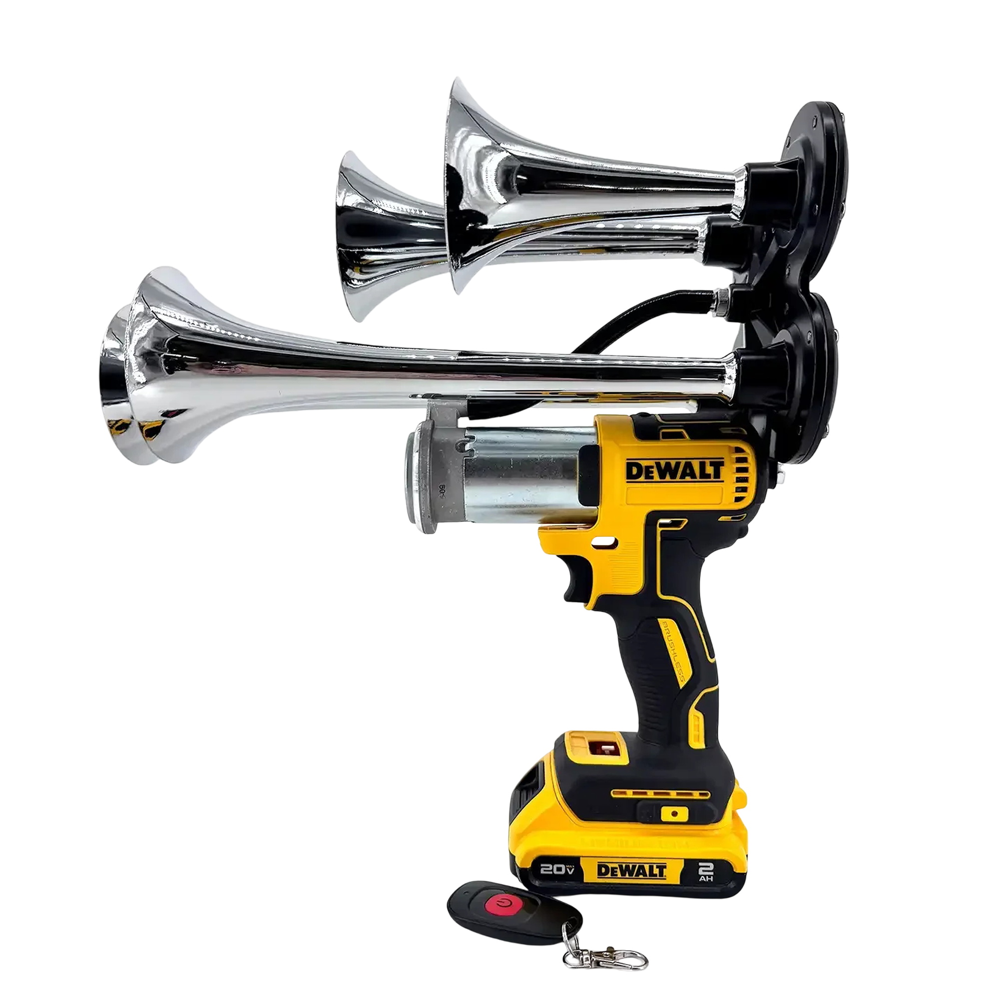 Quad trumpet train air horn built on a DeWalt-compatible impact driver platform
