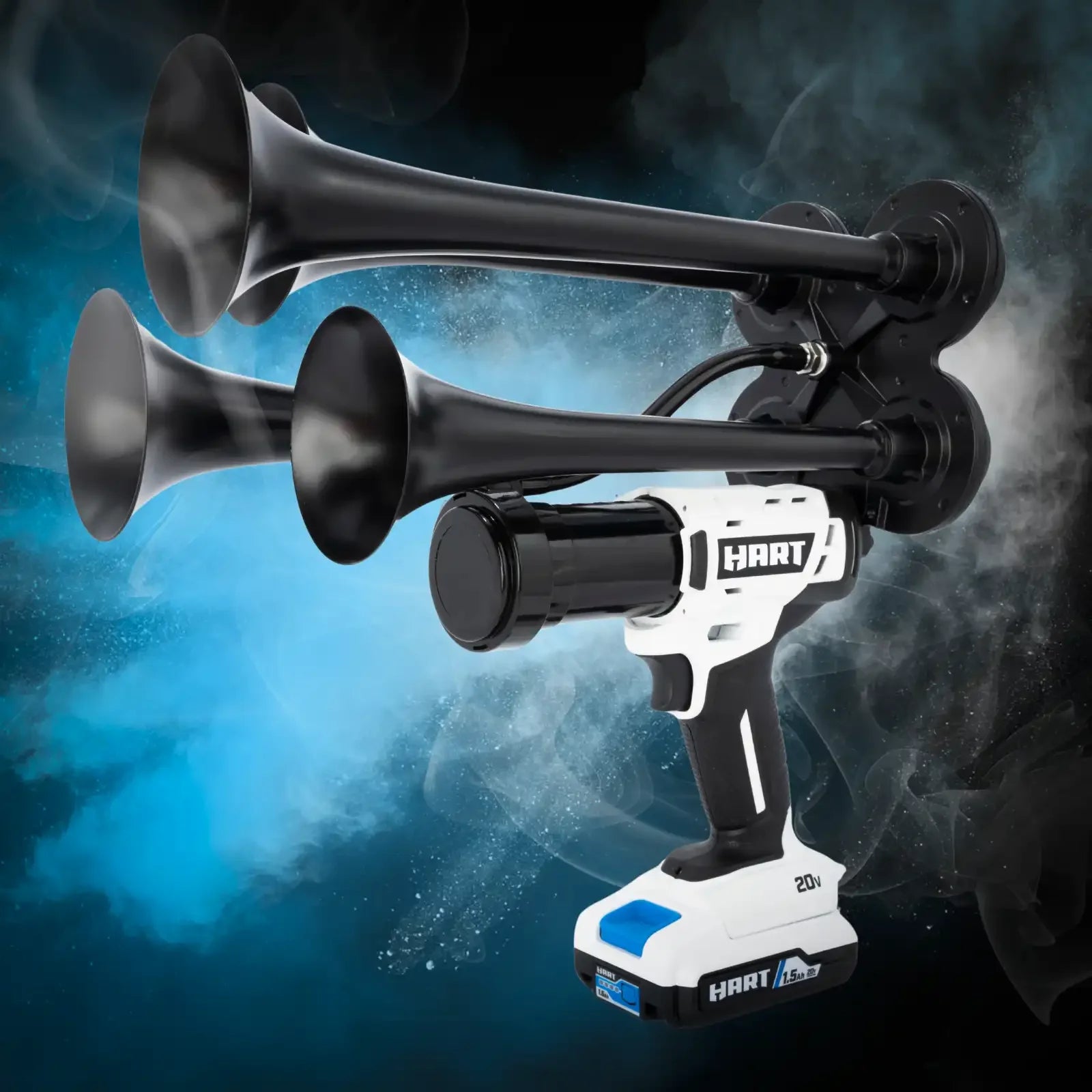 Custom impact-style train air horn designed to work with Hart 20V batteries