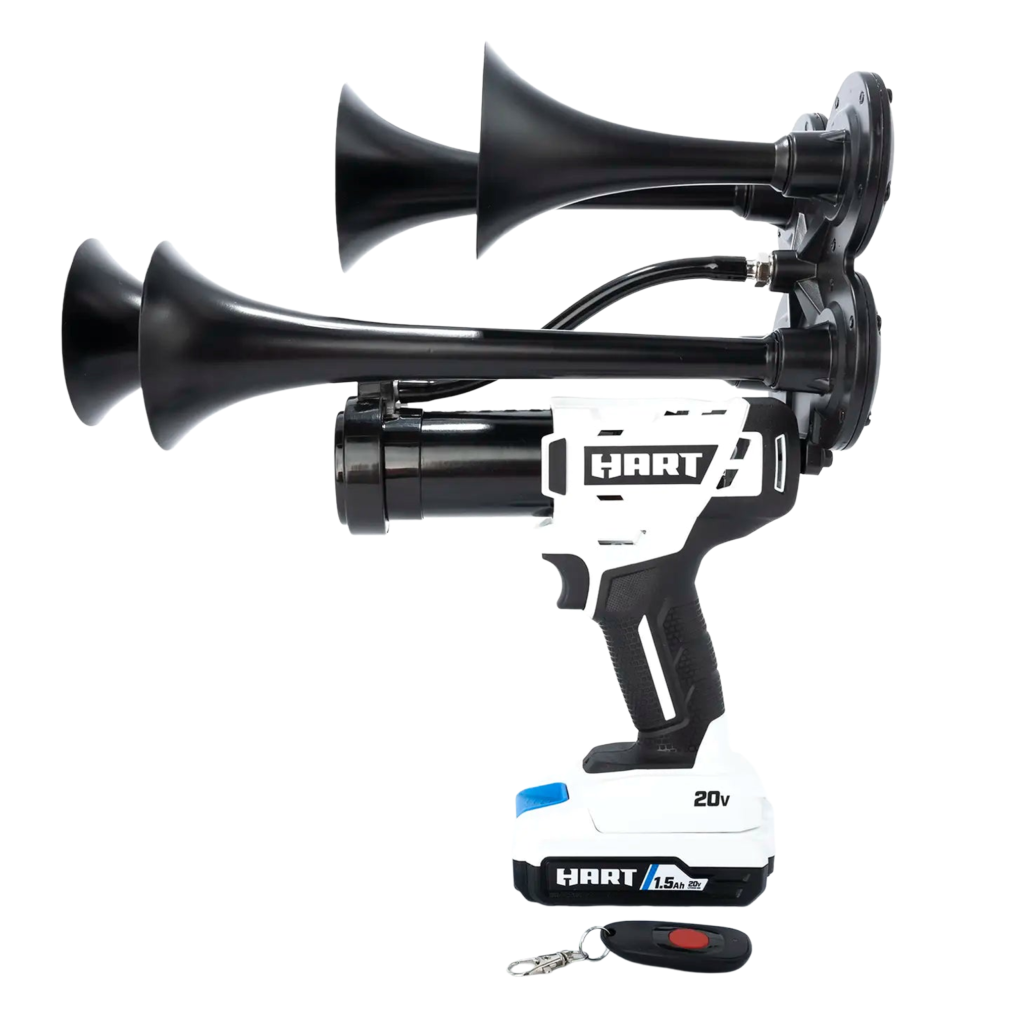 Custom impact-style train air horn designed to work with Hart 20V batteries