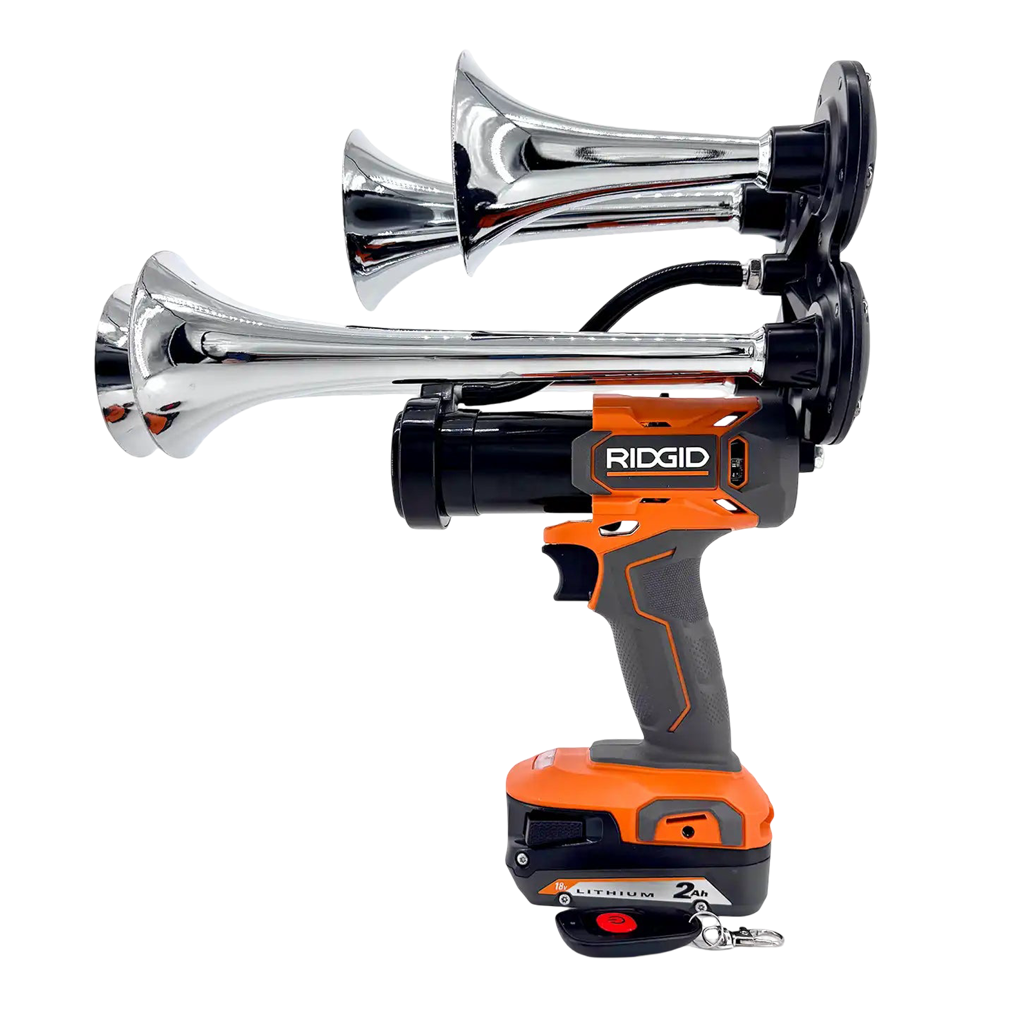 Custom impact-style train air horn designed to work with RIDGID 18V batteries