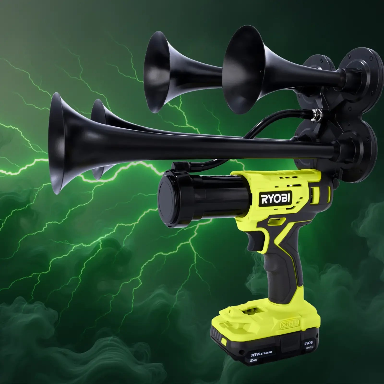 Hand-assembled quad trumpet train air horn built on a Ryobi-compatible 18V cordless power tool