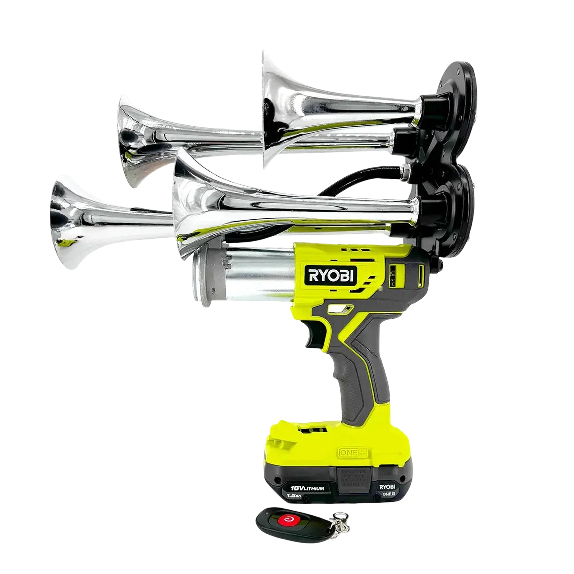 Hand-assembled quad trumpet train air horn built on a Ryobi-compatible 18V cordless power tool