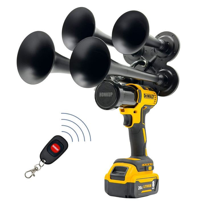 A 4-bell horse booster horn kit with a yellow and black cordless drill battery, a wireless remote control, and a white background.