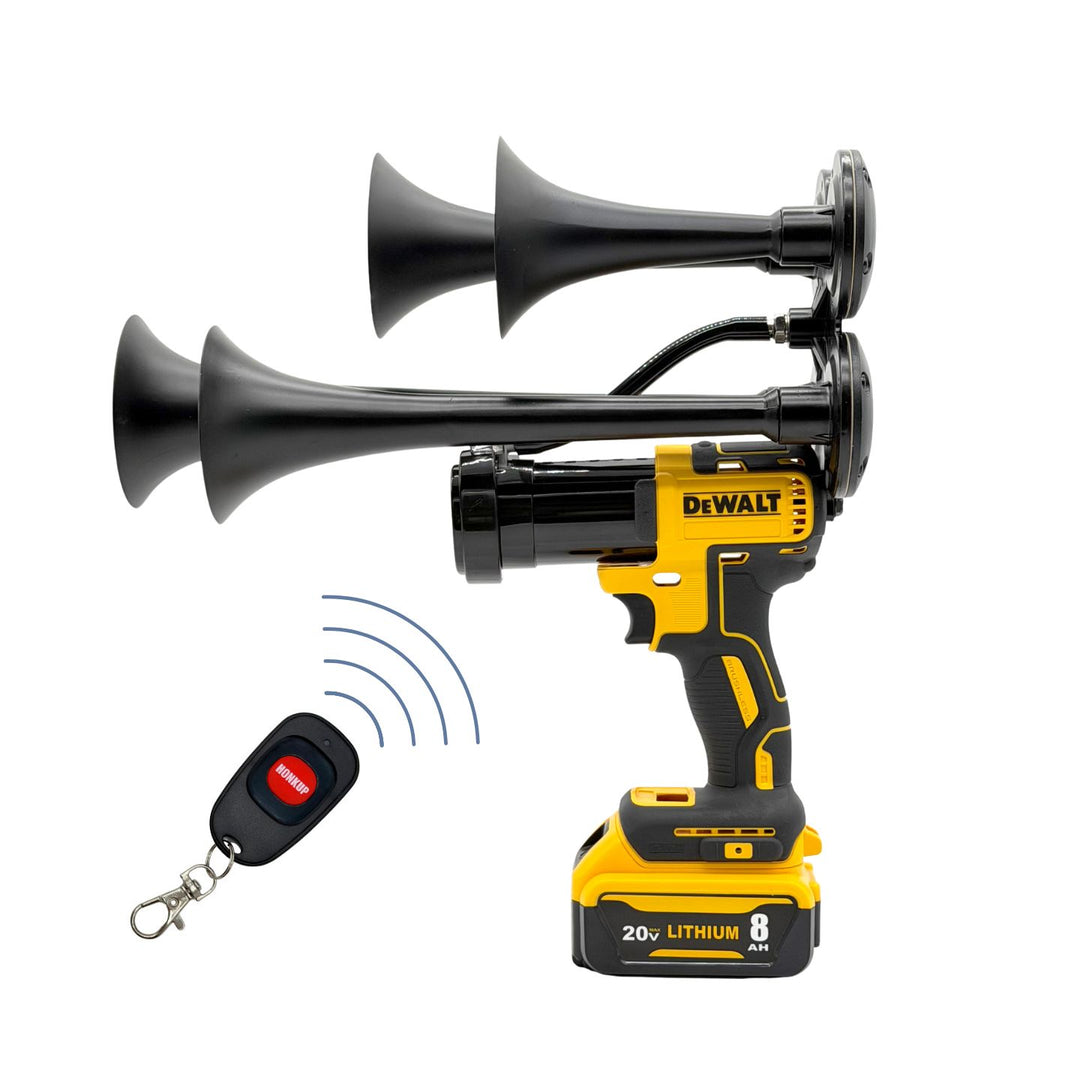A DeWalt cordless tool with two black horn speakers mounted on the side, shown on a white background with a small remote control and wireless signal lines.