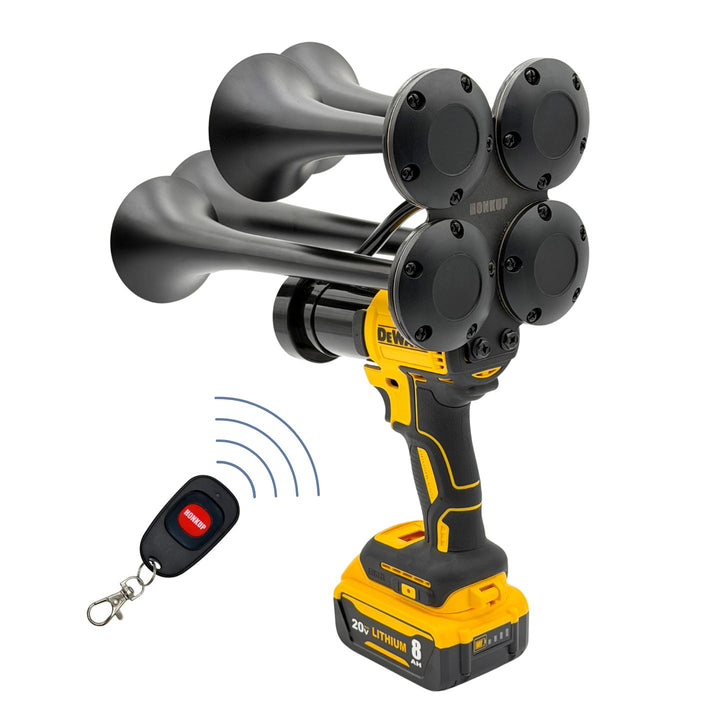A DeWalt cordless air horn device with four black horn nozzles, a yellow and black handle, a battery pack, and a small black remote control on a white background.