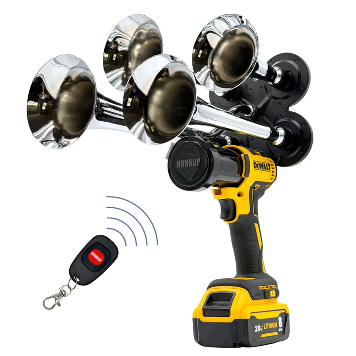 A yellow and black DeWalt cordless drill mounted with four chrome horn attachments, shown on a white background with a small remote control.