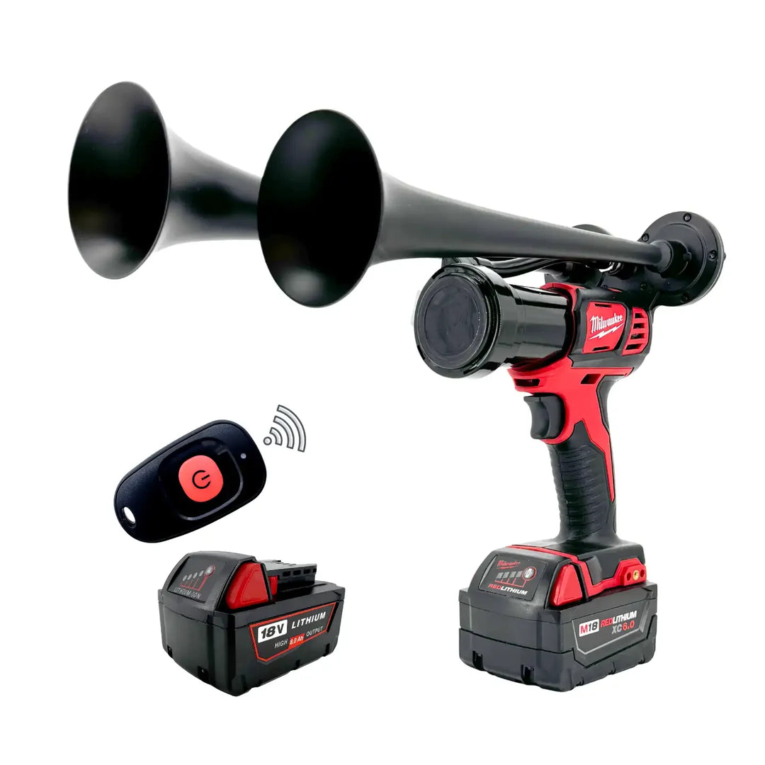 Impact Train Air Horn Drill for Milwaukee Batteries dual black Trumpets with Remote Control and battery