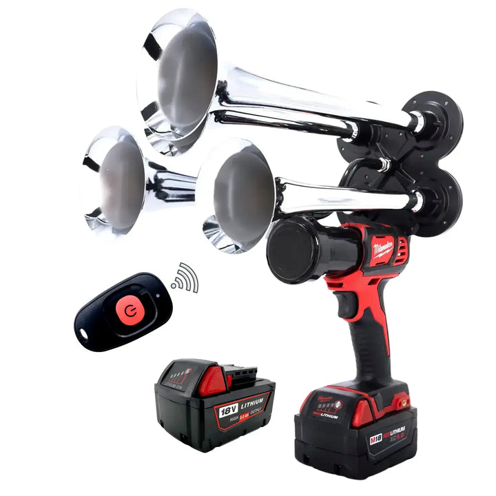 Impact Train Air Horn Drill for Milwaukee Batteries Quad chrome Trumpets with Remote Control and battery