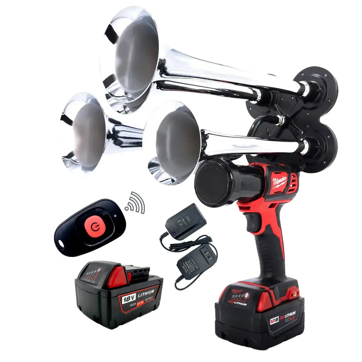 Impact Train Air Horn Drill for Milwaukee Batteries Quad chrome Trumpets with Remote Control and battery charger