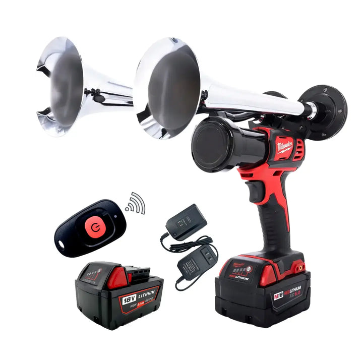 Impact Train Air Horn Drill for Milwaukee Batteries dual chrome Trumpets with Remote Control and battery charger