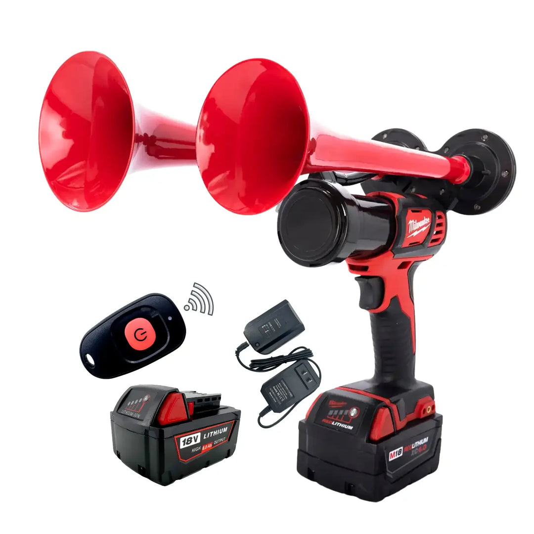 Impact Train Air Horn Drill for Milwaukee Batteries dual red Trumpets with Remote Control and battery charger