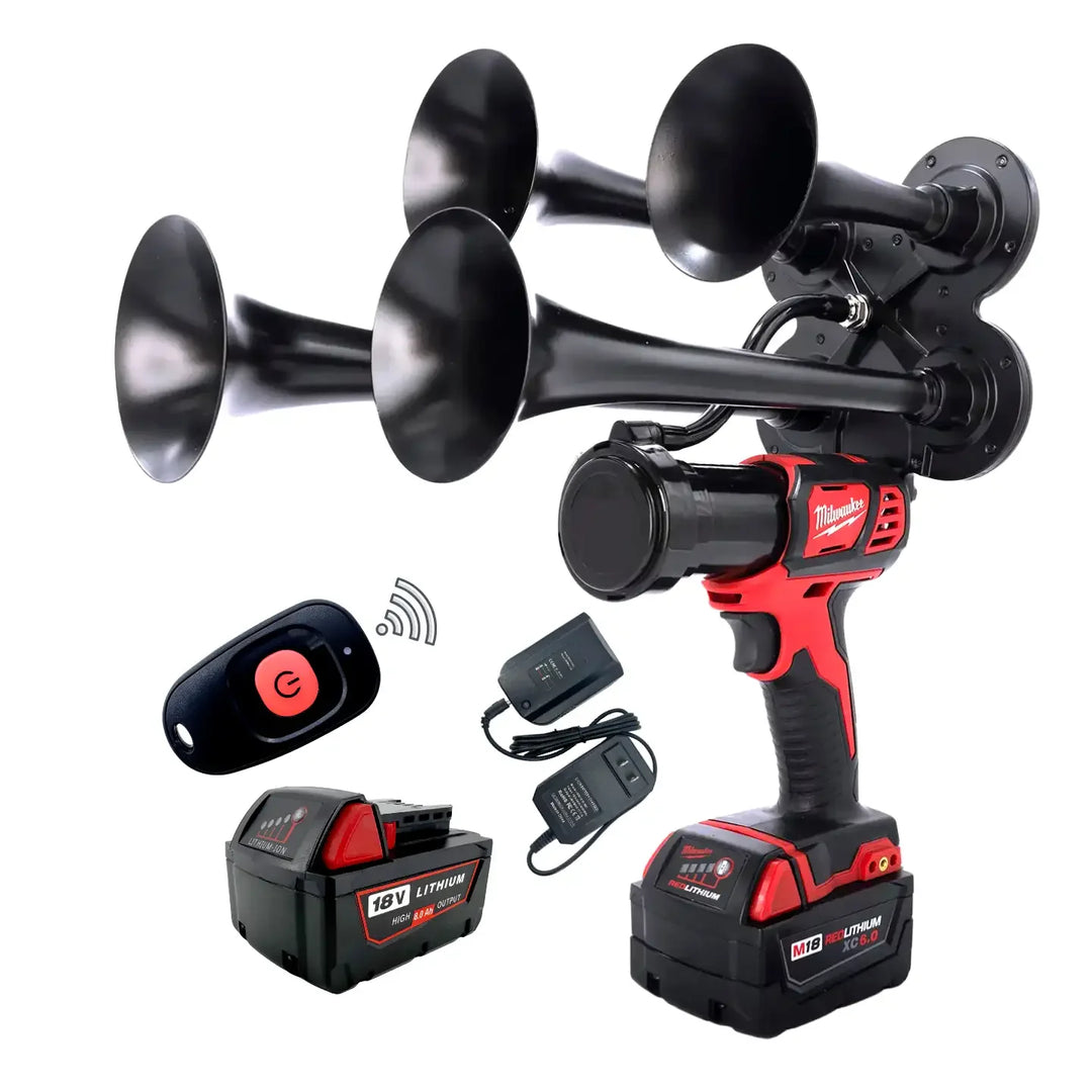 Impact Train Air Horn Drill for Milwaukee Batteries Quad Black Trumpets with Remote Control and battery charger