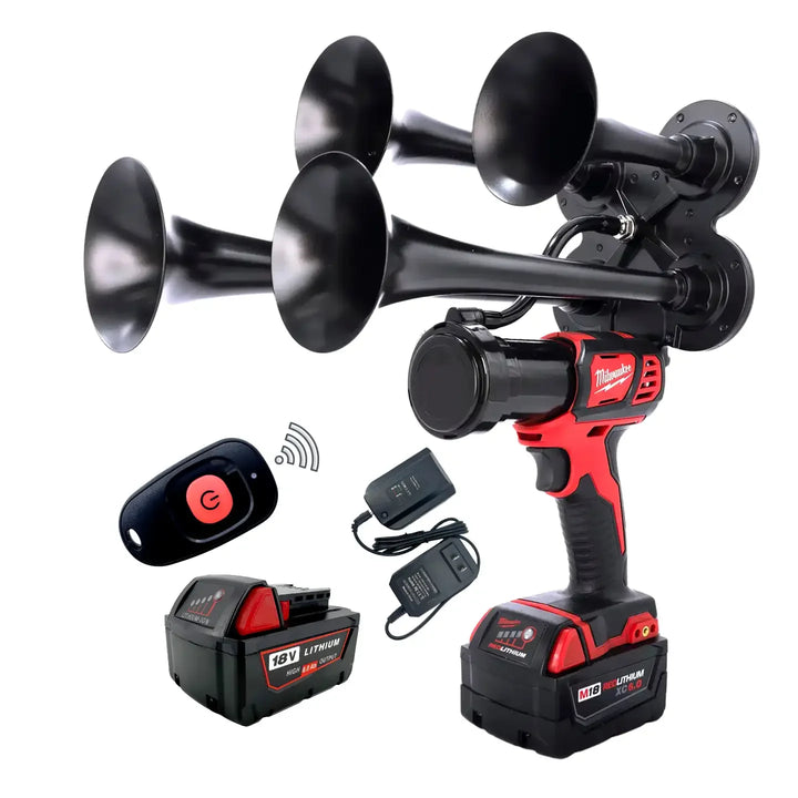 Impact Train Air Horn Drill for Milwaukee Batteries Quad Black Trumpets with Remote Control and battery charger