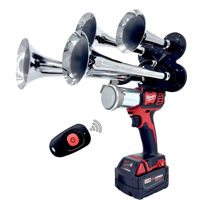 Impact Train Air Horn Drill for Milwaukee Batteries Quad Chrome Trumpets with Remote Control