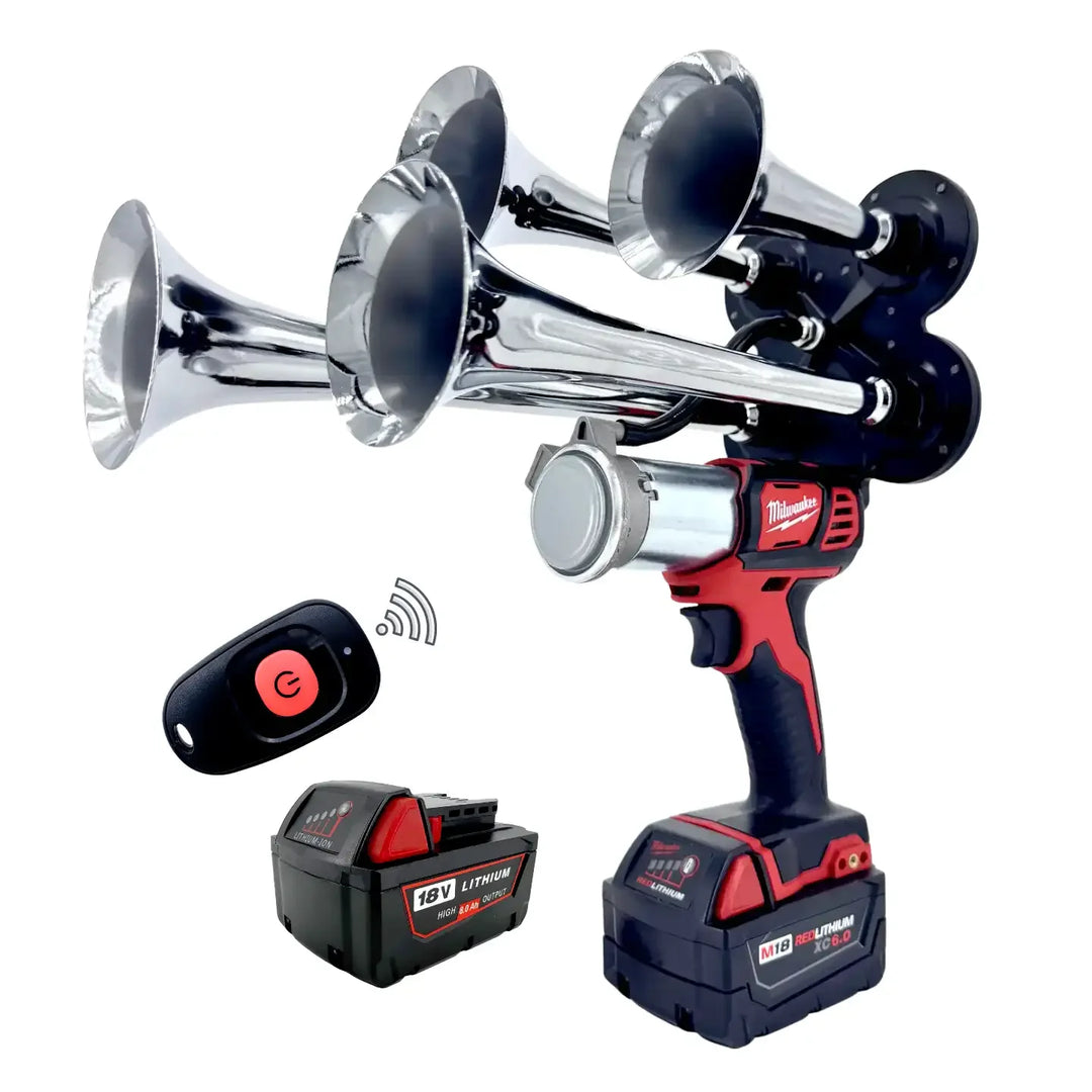 Impact Train Air Horn Drill for Milwaukee Batteries Quad chrome Trumpets with Remote Control and battery