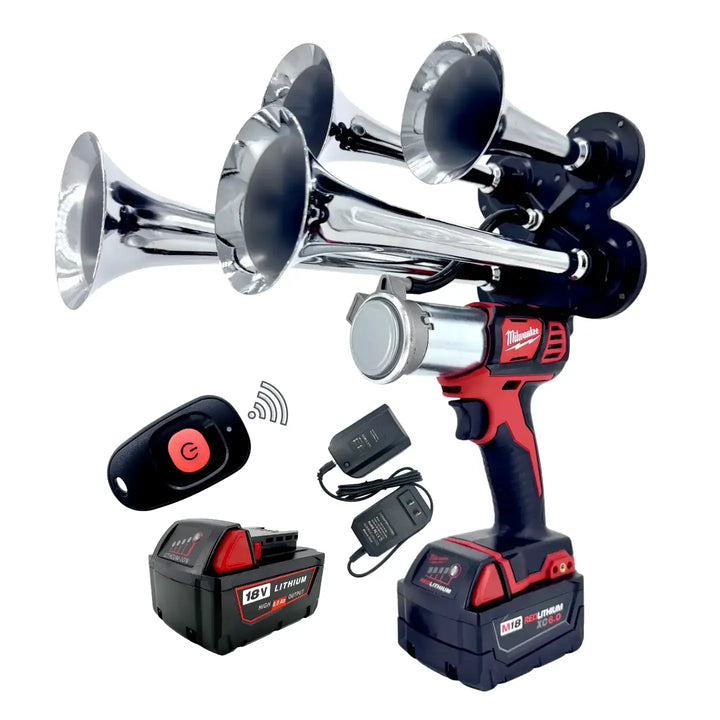 Impact Train Air Horn Drill for Milwaukee Batteries Quad chrome Trumpets with Remote Control and battery charger