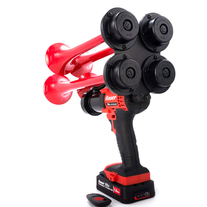 Handheld Bauer Pulsefire Premium Extreme red train horn ready to use out of the box