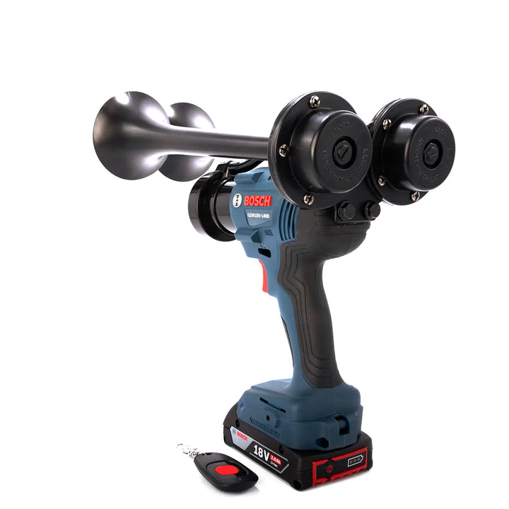 Handheld Bosch Compact Dual black air horn built from genuine 18V drill with remote