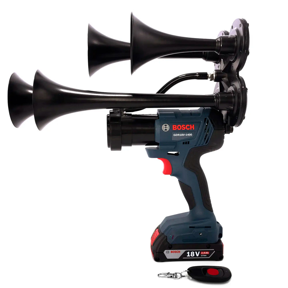 Bosch train horn drill Core Quad Model with four metal trumpets and wireless remote control 140dB