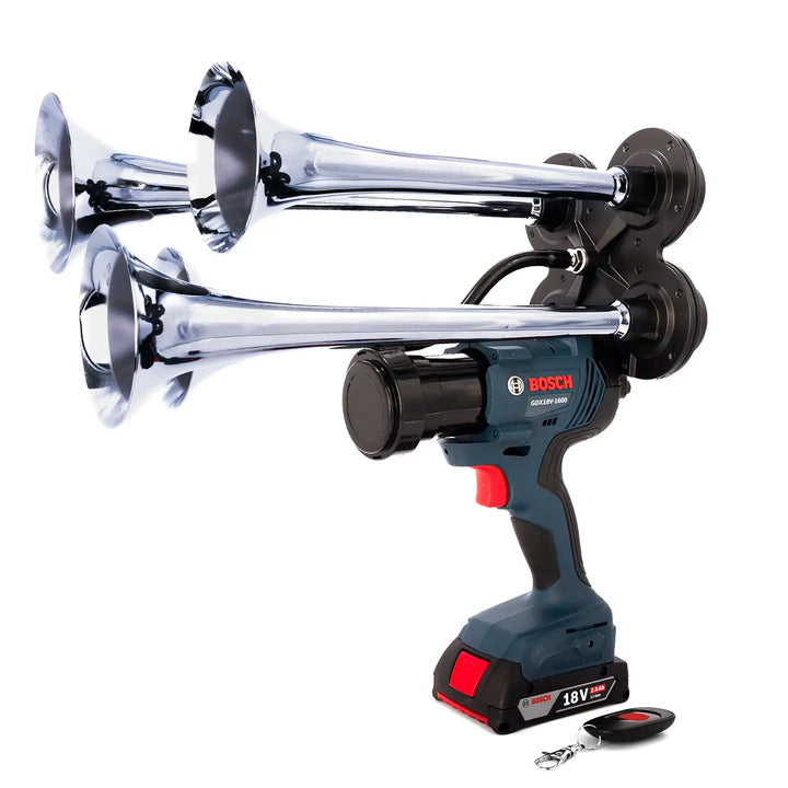 Bosch train horn drill Pulsefire Premium Extreme Edition silver model with four metal trumpets and wireless remote 150dB