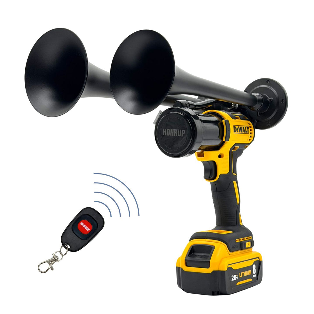 A yellow and black cordless DeWalt air horn with two black horn bells with remote control