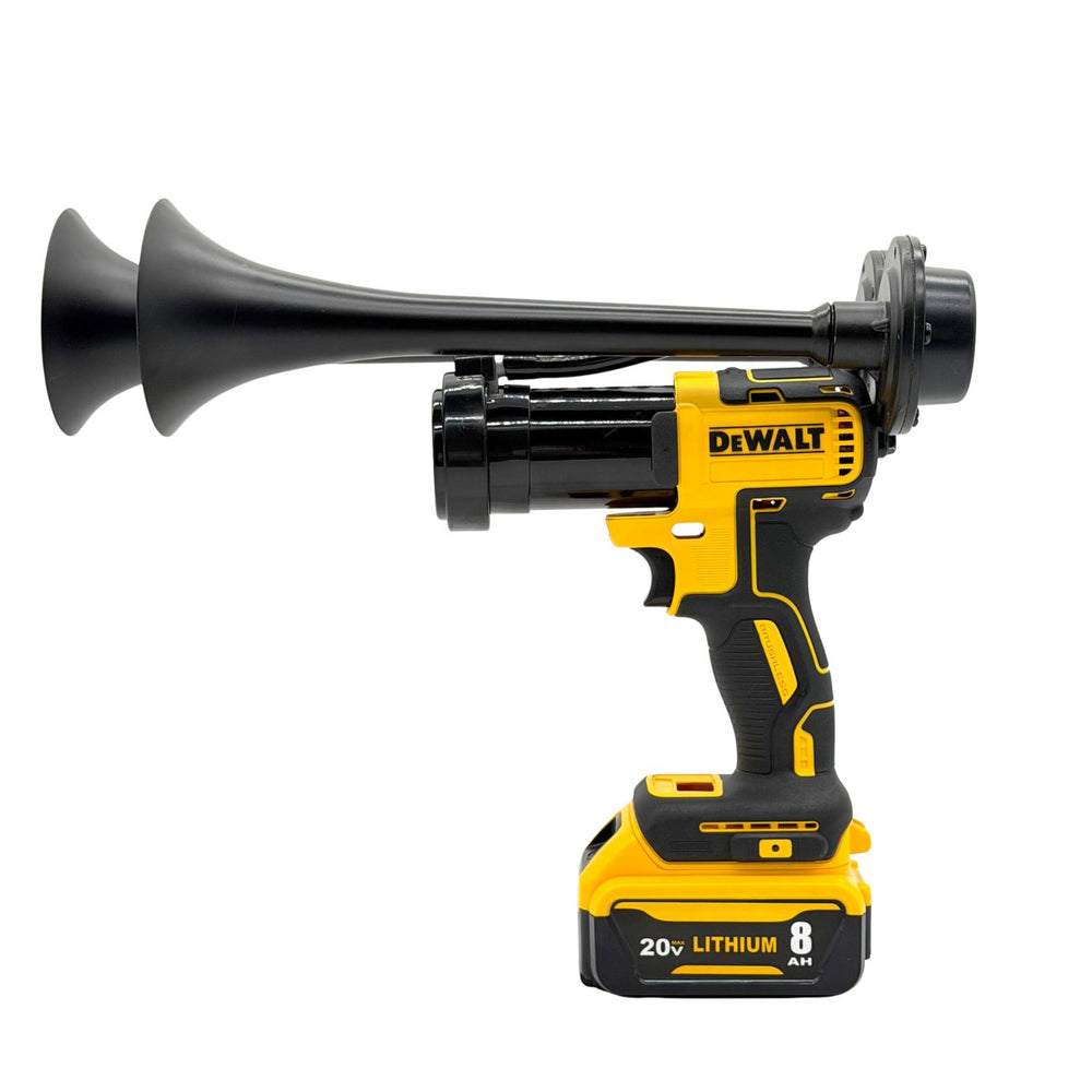 A DeWalt cordless battery powered double horn air compressor with remote control dual black