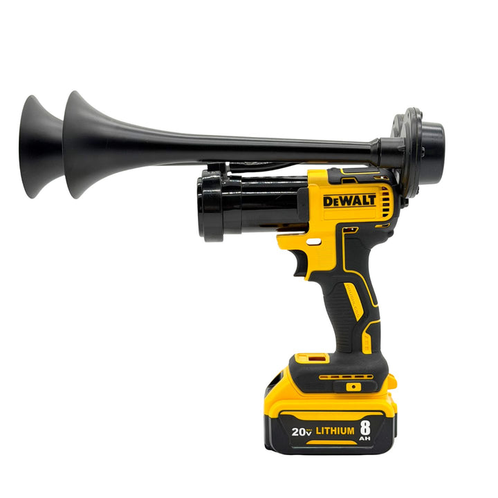A DeWalt cordless battery powered double horn air compressor with remote control dual black