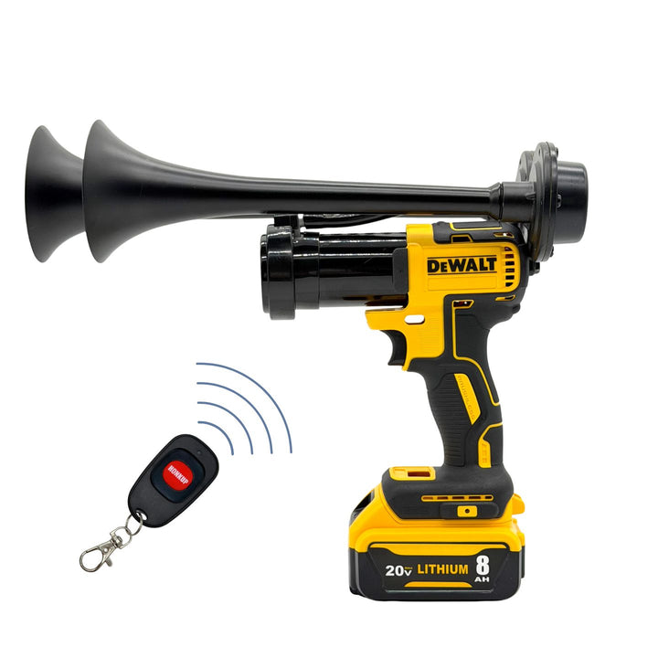 DeWalt cordless battery-powered air horn with a black metal horn and yellow/black handheld unit, shown with a small black remote control on a white background.