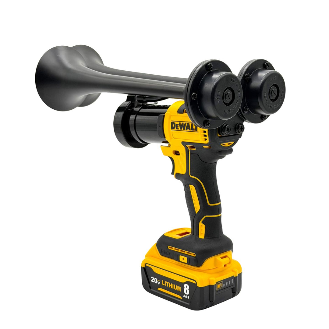 A DeWalt cordless air horn tool with a black and yellow body, featuring a dual-speaker horn assembly and a 20V lithium-ion battery, shown on a solid white background.