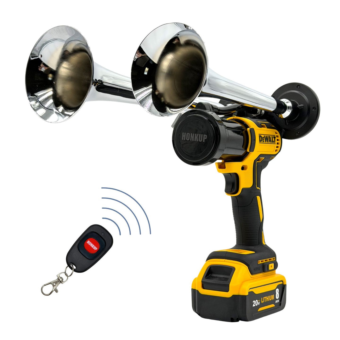 A DeWalt cordless wireless double horn attachment with a yellow and black handle, two shiny chrome horns, a black battery pack, and a small black remote control on a white background.