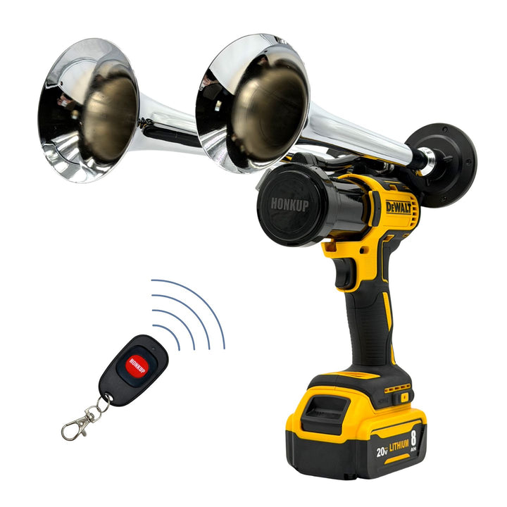 A DeWalt cordless wireless double horn attachment with a yellow and black handle, two shiny chrome horns, a black battery pack, and a small black remote control on a white background.