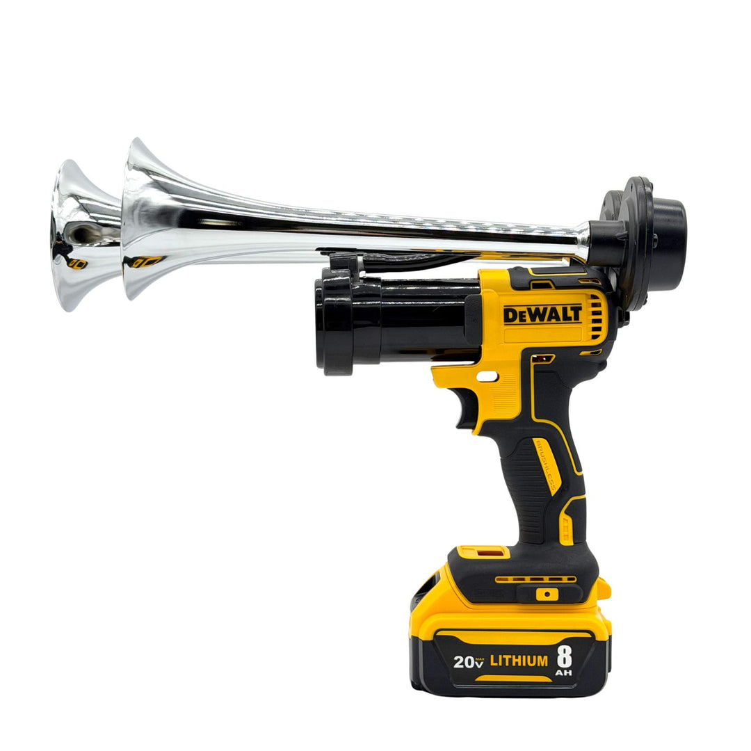 A DeWalt cordless drill equipped with a chrome horn attachment, shown against a solid white background.