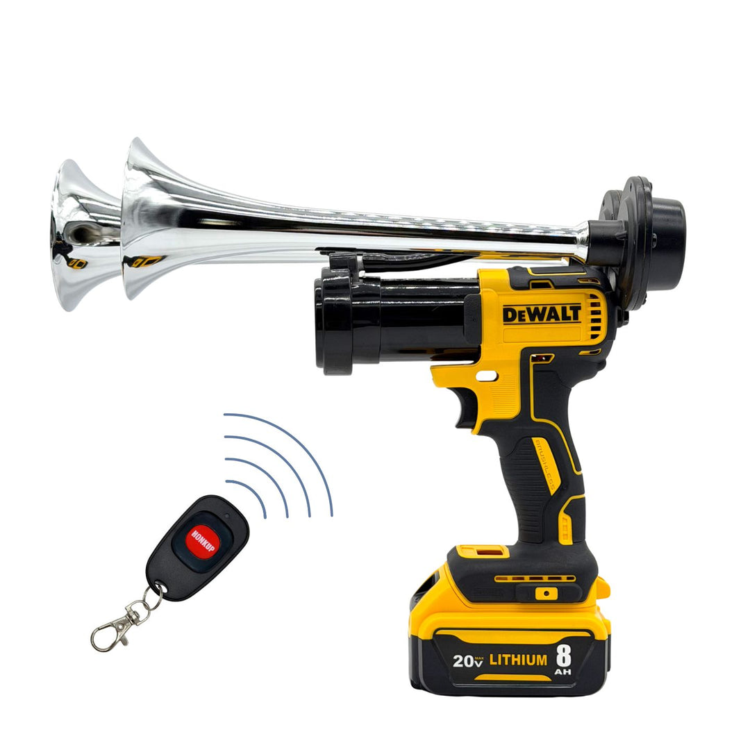 A DeWalt cordless drill accessory converting a drill handle into a portable wind horn, shown with a chrome bell and a separate black remote control on a white background.