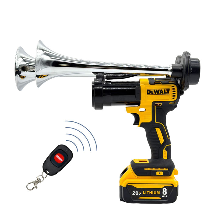 A DeWalt cordless drill accessory converting a drill handle into a portable wind horn, shown with a chrome bell and a separate black remote control on a white background.