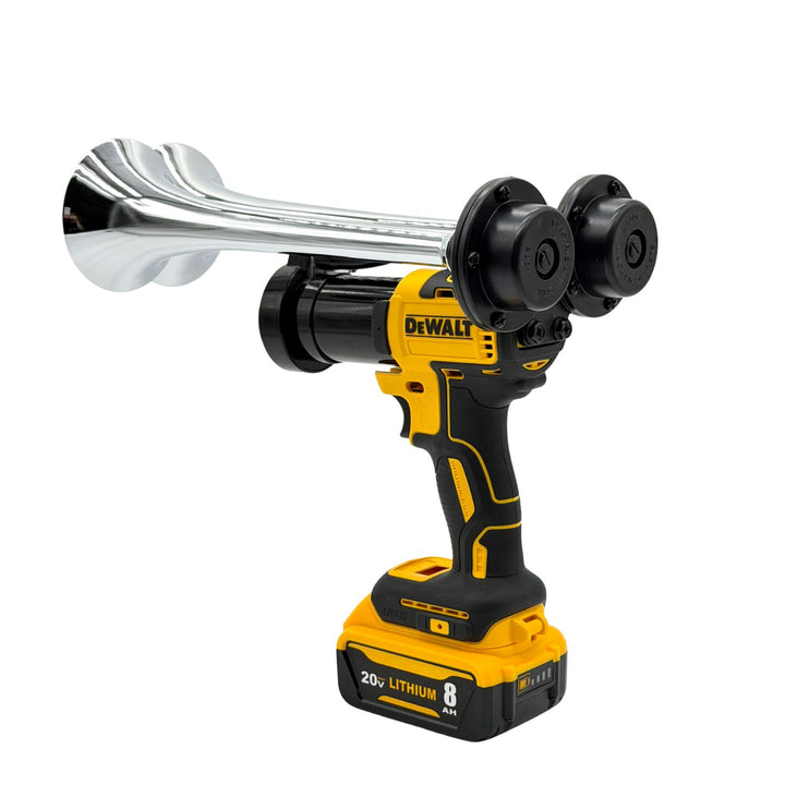 A DeWalt cordless air horn tool with a shiny silver flared horn, black and yellow body, and a yellow/black 20V lithium-ion 8Ah battery, shown on a solid white background.