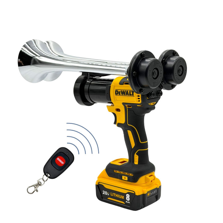 DeWalt cordless wireless horn blower with a chrome horn, black and yellow body, two rear wheels, a battery pack, and a small remote control on a white background.