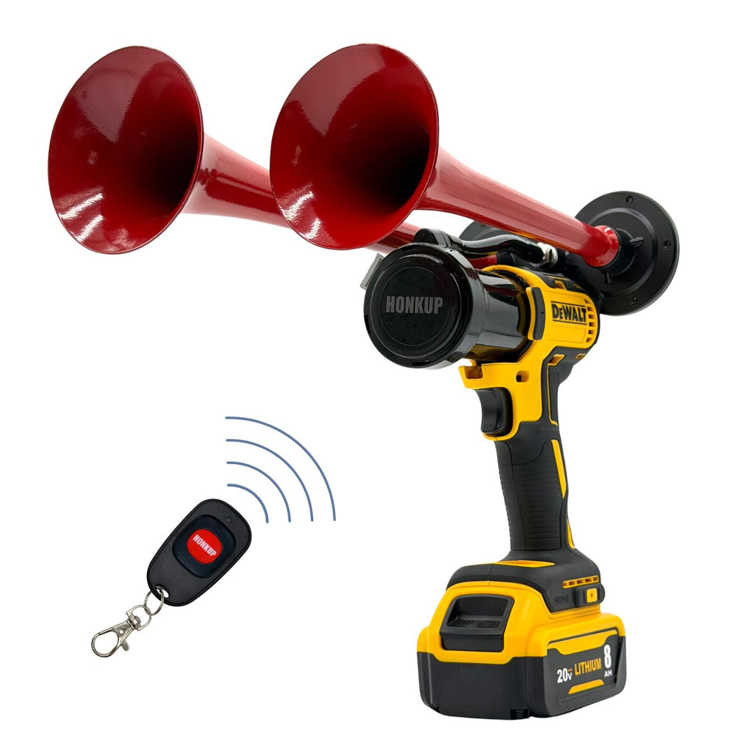 Red and yellow cordless power tool with two attached horn speakers, shown on a white background with a small remote control and wireless signal graphic.