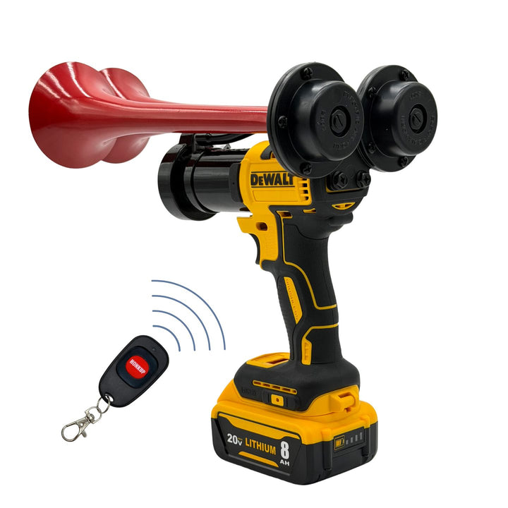 DeWalt cordless wireless horn blower with a red horn attachment, dual black speakers, yellow and black body, shown with a remote control on a white background.