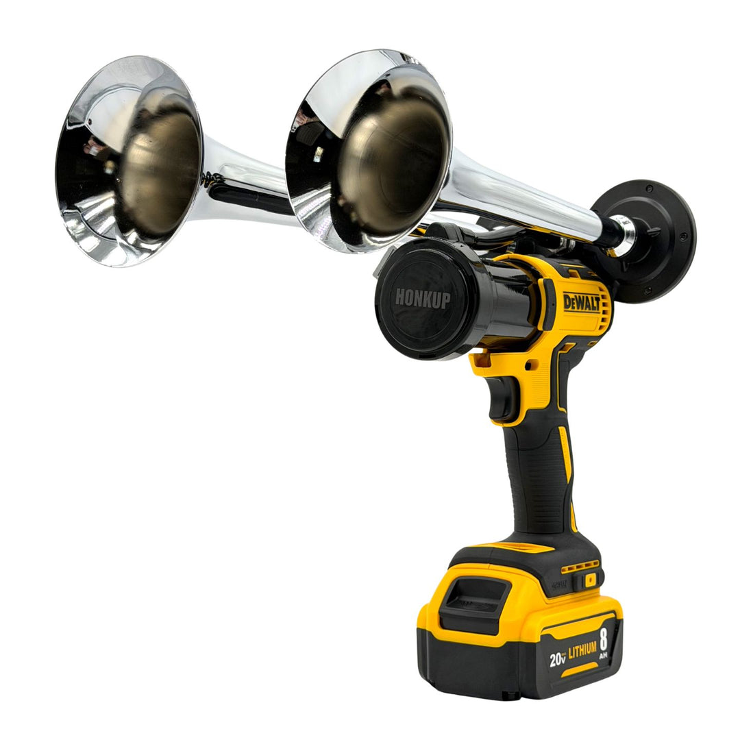 A DeWalt cordless tri-horn air horn with two chrome-plated flared horns, a black and yellow handle, and a yellow-and-black 20V lithium-ion battery, shown on a solid white background.