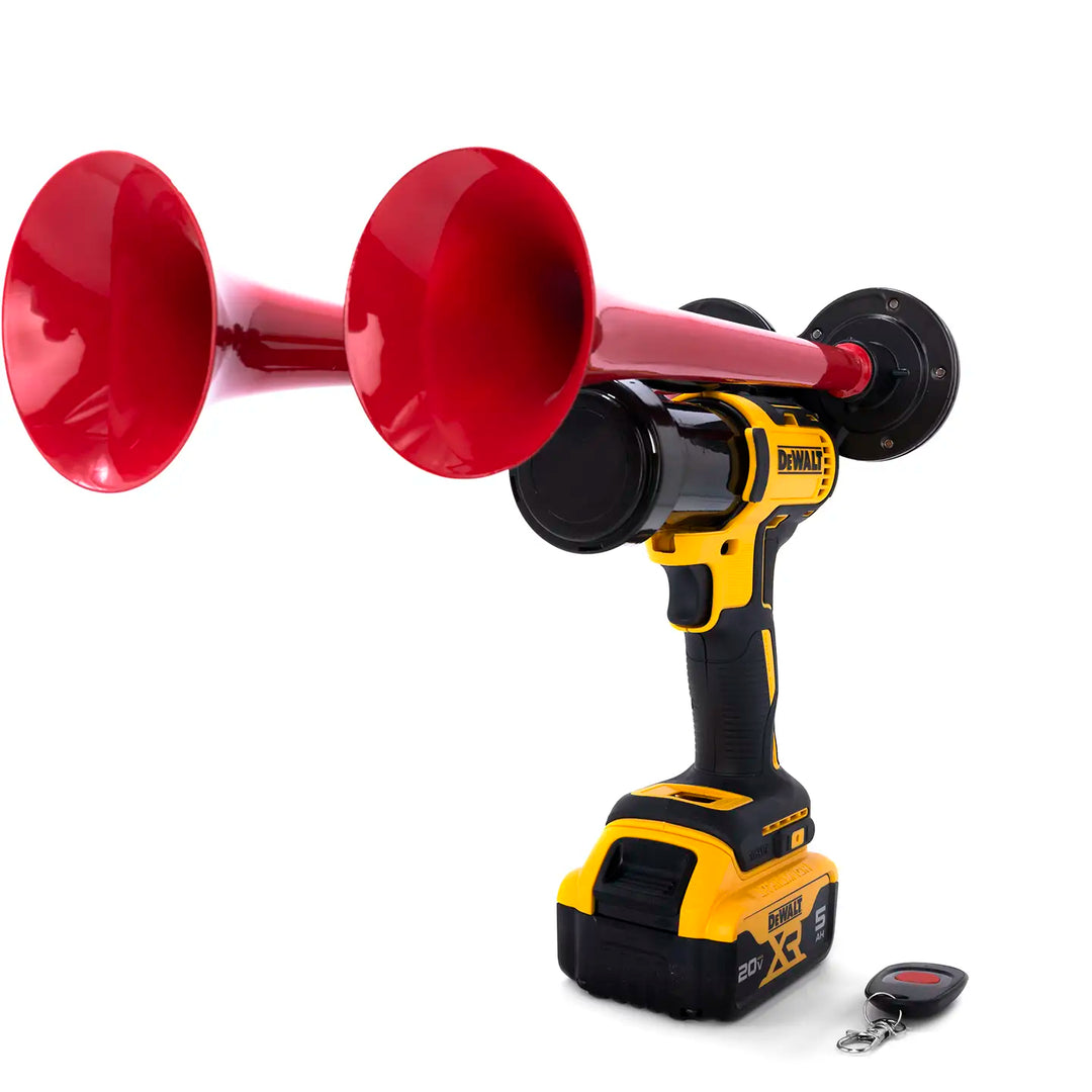 Compact DeWalt Dual train horn air horn design with two trumpets and remote control