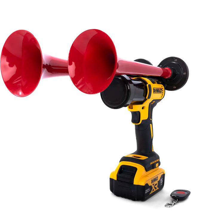 Compact DeWalt Dual train horn air horn design with two trumpets and remote control