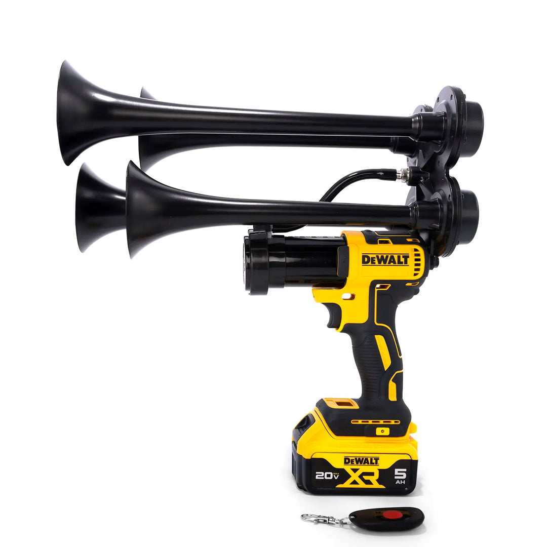 DeWalt train horn drill Pulsefire Premium Extreme Edition with remote control and four black metal trumpets 
