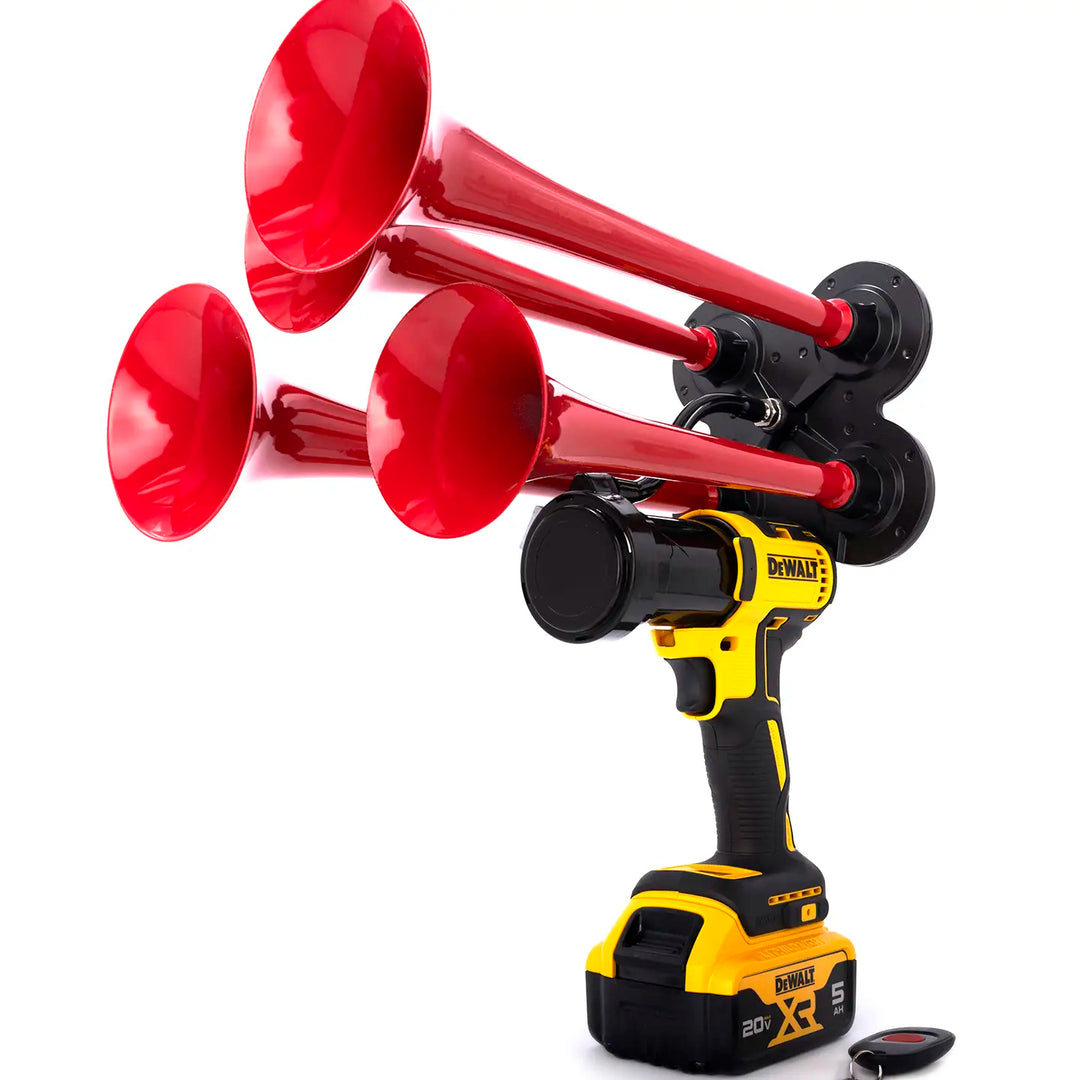 DeWalt train horn premium Pulsefire 4 trumpet air horn drill design built for loud performance red