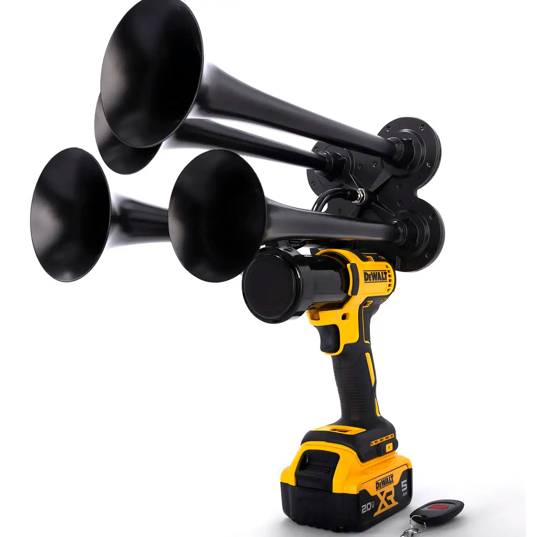 DeWalt Impact Train Air Horn Pulsefire Extreme Edition with extended trumpets, 150dB power, and remote control