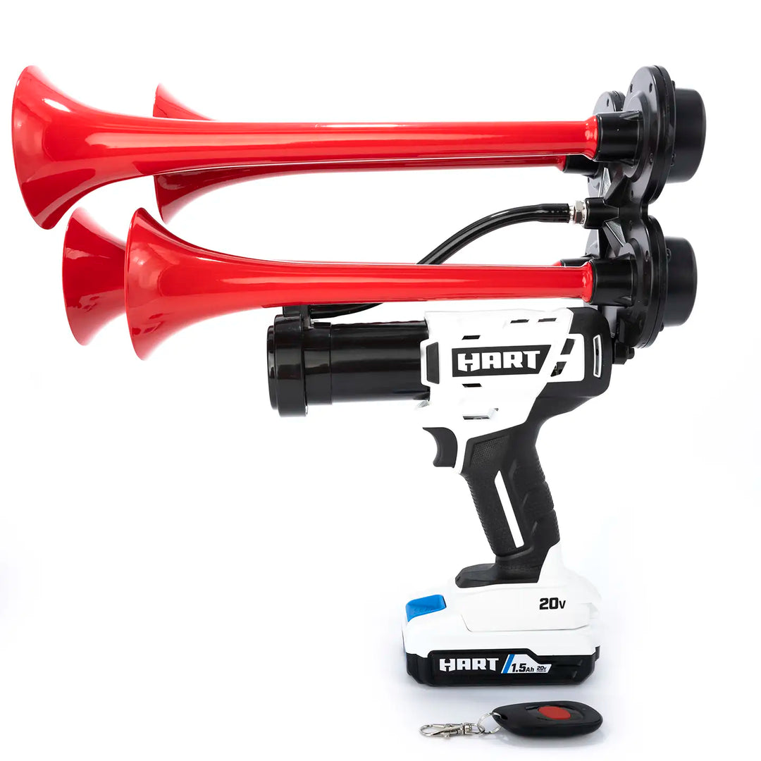 Hart train horn drill Pulsefire Premium Extreme Edition red model with four metal trumpets and wireless remote 150dB