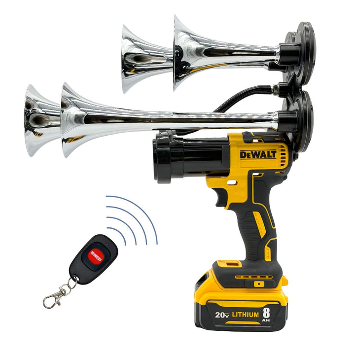 DeWalt wireless horn kit with a four-blow chrome horn, cordless drill-style air compressor, and a remote control on a white background.