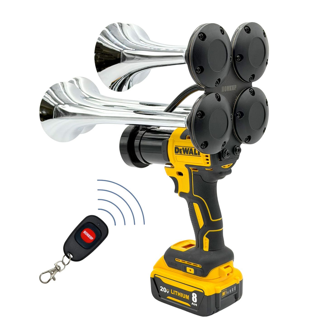 DeWalt wireless four-blow horn air compressor with a remote control, shown on a solid white background.