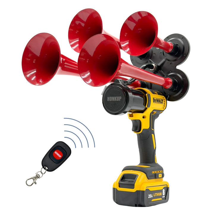 A red 4-bell horse booster horn mounted on a yellow and black DeWalt cordless drill, shown with a black wireless remote control on a white background.